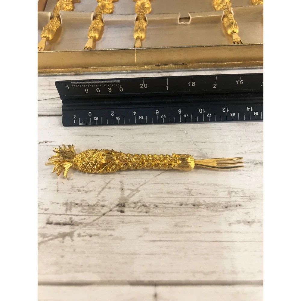 Janis Collection 24K Gold Plated Pineapple Appetizer Fork Set of 6 Vintage Boxed